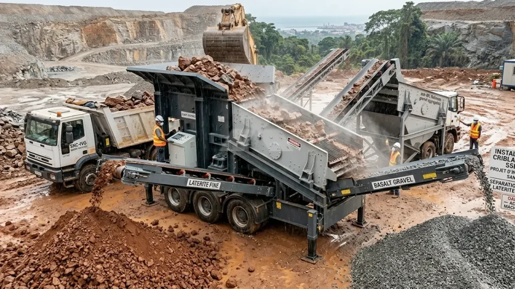 Crible vibrant S5X intégré sur un châssis mobile, séparant efficacement la latérite collante et le basalte humide en Côte d'Ivoire.