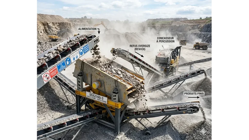 Crible vibrant S5X2160-3 opérant en circuit fermé, renvoyant les refus oversize vers le groupe de percussion sous un environnement à forte charge.