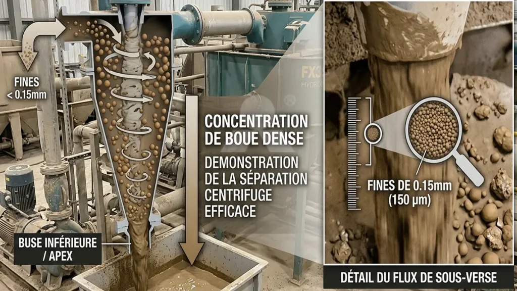 Concentration de boue dense rejetée par la buse inférieure d'un hydrocyclone, démontrant la séparation centrifuge efficace des fines de 0.15mm.