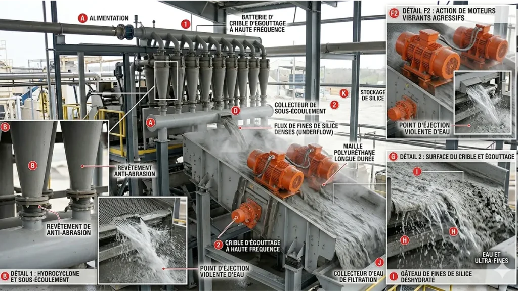 Crible d'égouttage à haute fréquence utilisant des moteurs vibrants agressifs pour expulser l'eau du sable manufacturé fraîchement lavé.