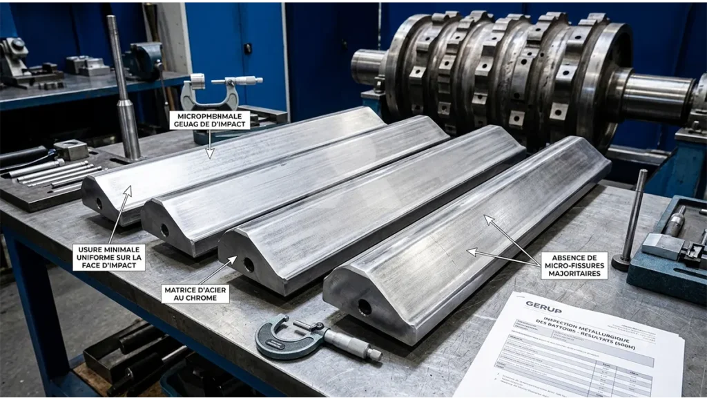 Inspection métallurgique des battoirs en acier au chrome d'un concasseur à percussion après 500 heures de traitement de calcaire, montrant une usure uniforme et minimale