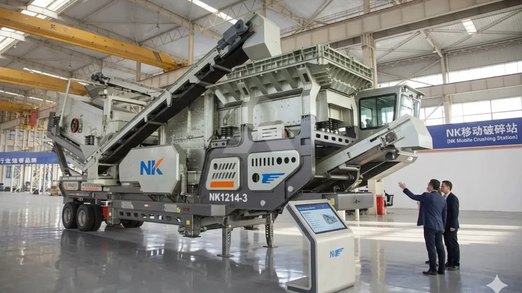 Station mobile NK300H équipée d'un cône HPT traitant agressivement du granit de 200MPa, démontrant une stabilité absolue sans vibrations visibles du châssis.